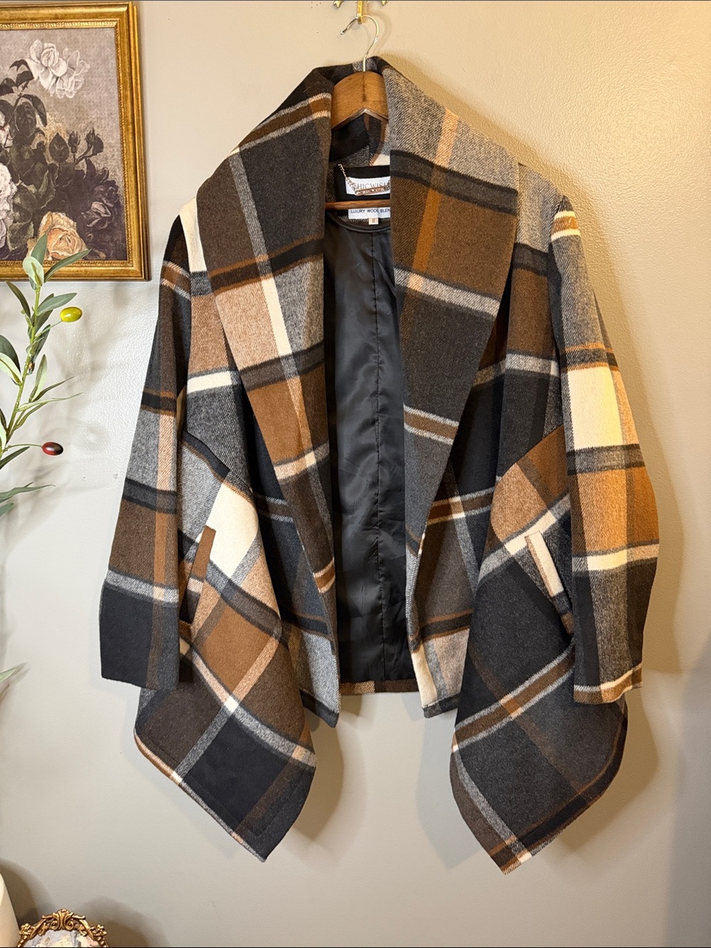 Chicwish Plaid Waterfall Jacket Wool Blend Open Front Drape Coat Brown Gray S - Picture 2 of 8